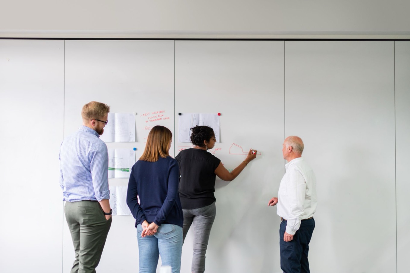 Team werkt samen aan een whiteboard tijdens een teamsessie: teamcoaching met DISC