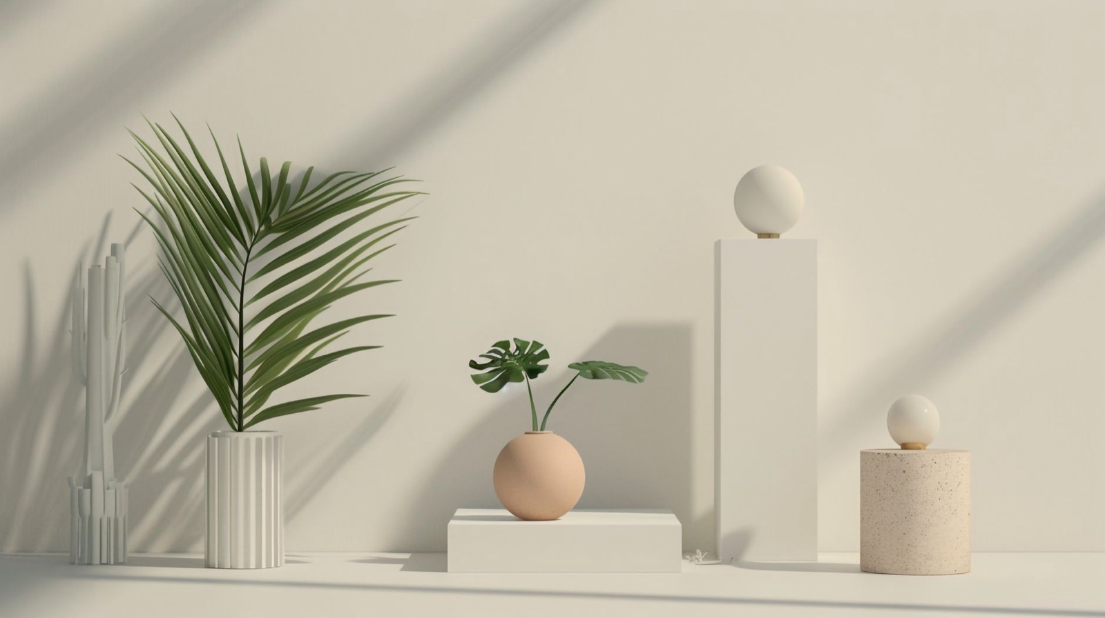 Minimalistisch interieur met plantenarrangement en geometrische vormen als beeld van harmonie en balans