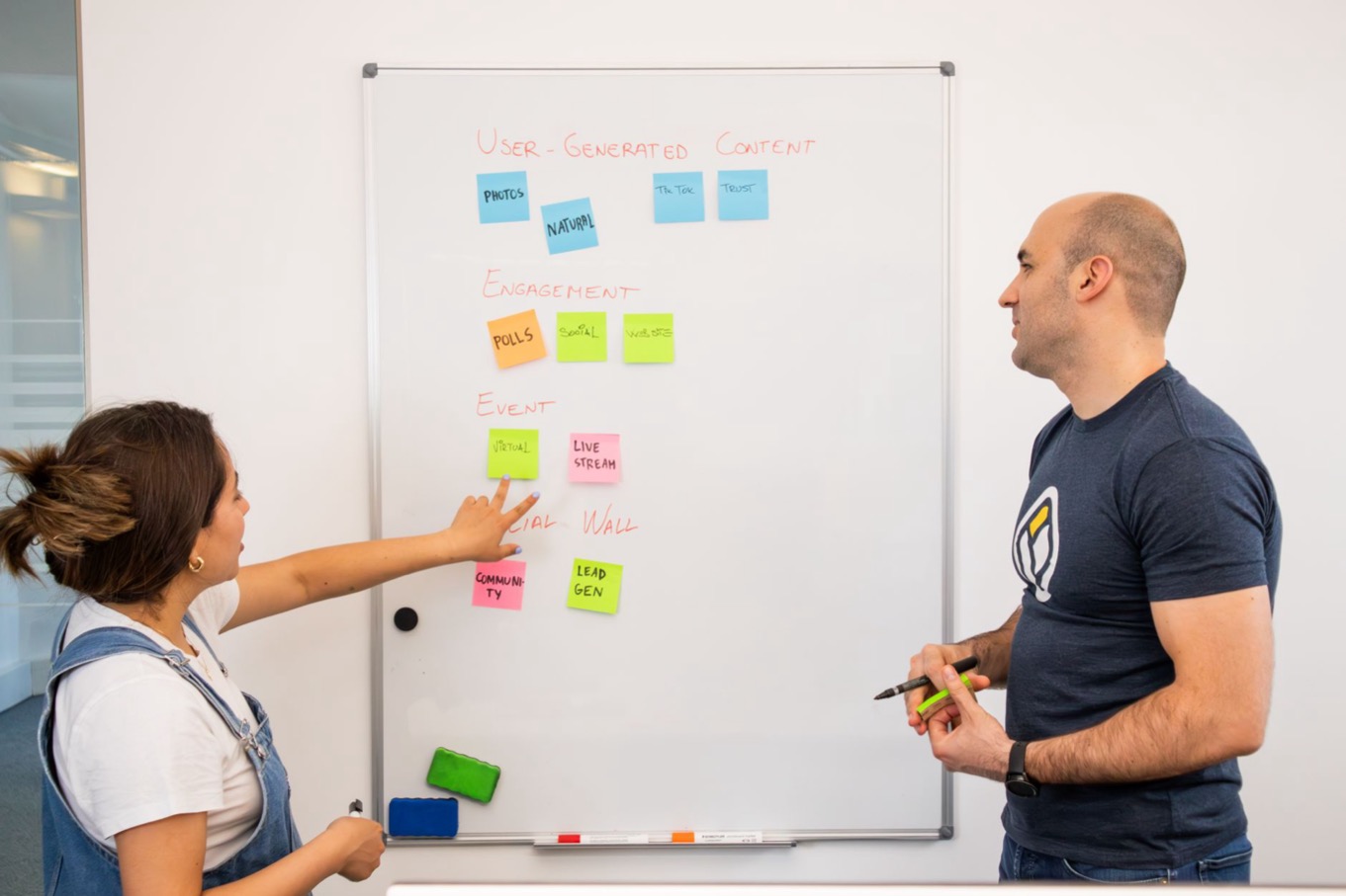 Team verdeelt taken met gekleurde memobriefjes op een whiteboard