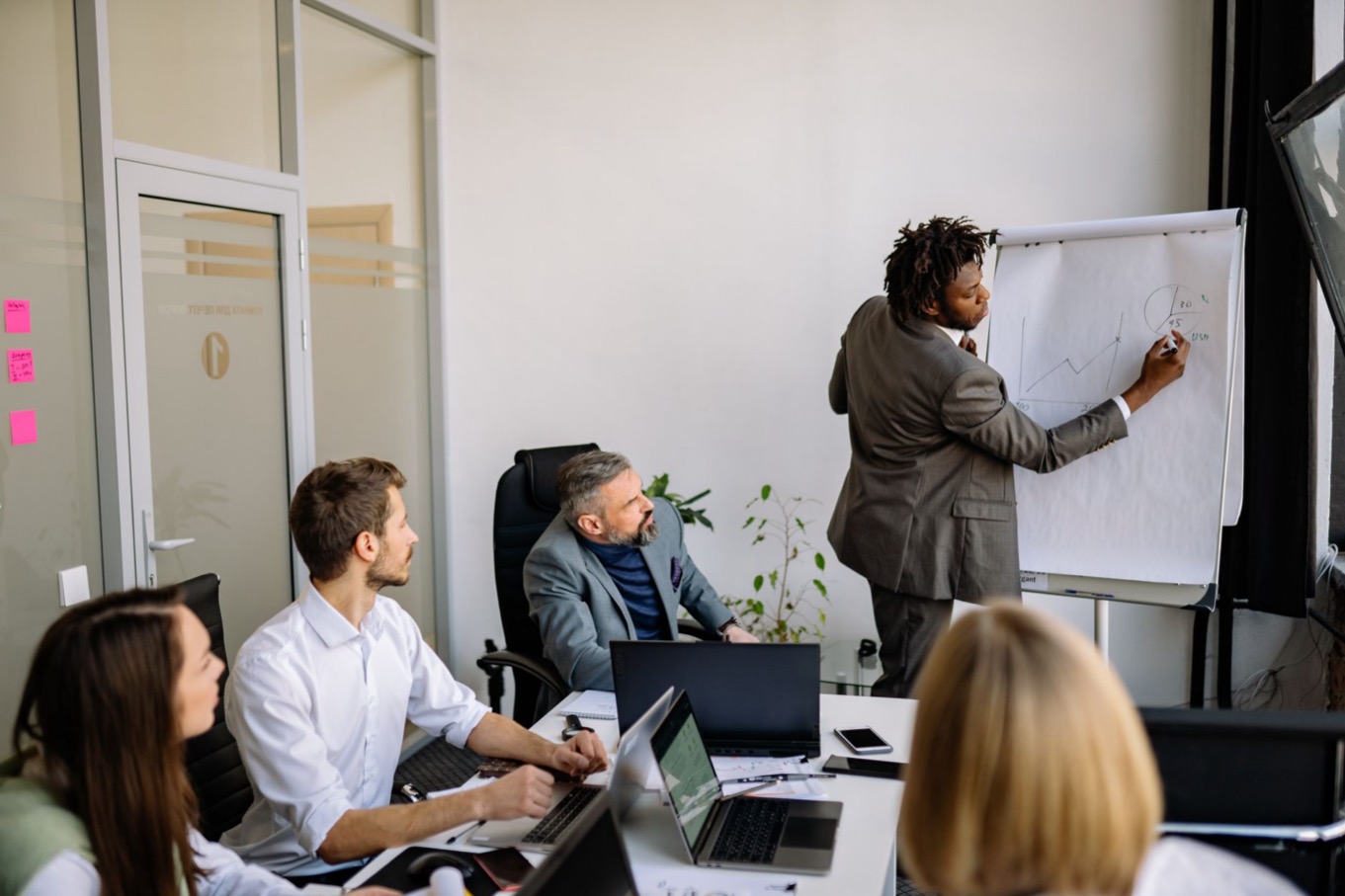 Enthousiaste presentator leidt een teamoverleg, zoals een Motivator-profiel uit het DISC-wiel