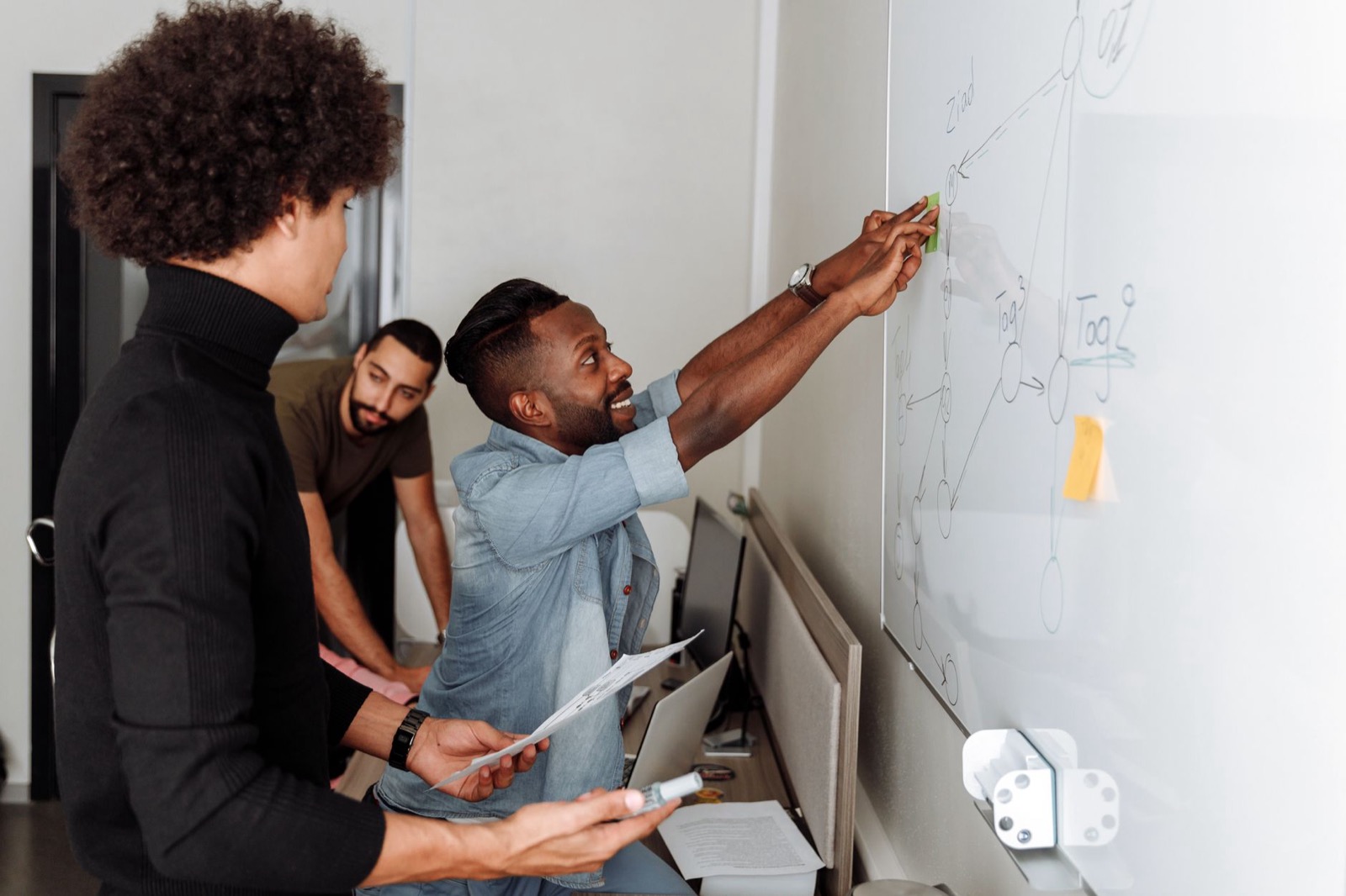Divers team brainstormt bij een whiteboard over rolverdeling, passend bij het verschil tussen DISC-gedragsstijlen en Belbin-teamrollen