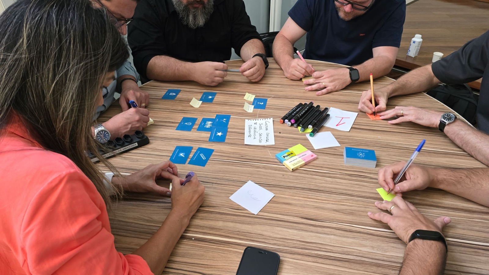 Team aan een ronde tafel werkt met blauwe kaartjes en gekleurde memoblaadjes, beeld bij het verschil tussen DISC en Management Drives