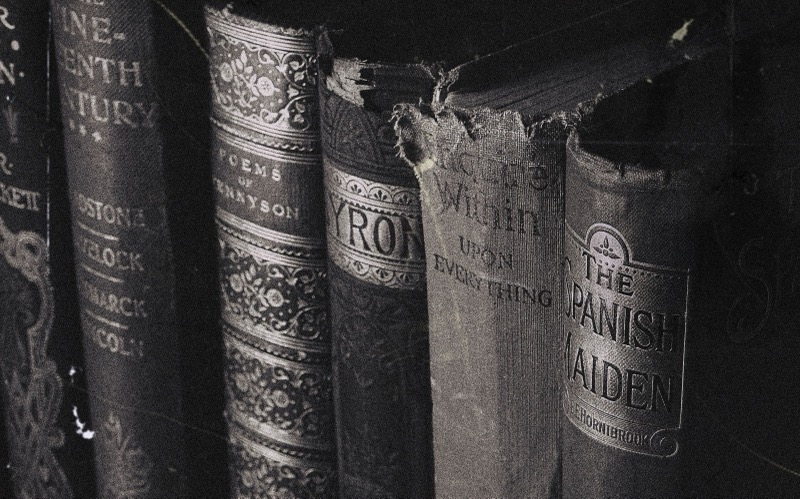 Close-up van oude, gebonden boeken op een plank, verwijzend naar Marstons boek Emotions of Normal People uit 1928